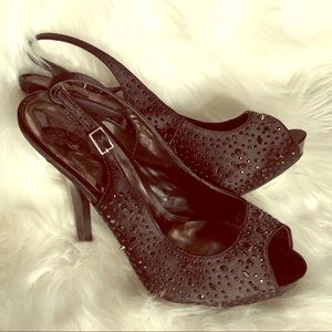 Black Satin peep toe heels